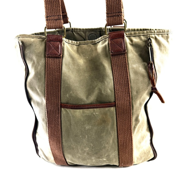 Duluth Trading Co Green Taupe Canvas Large Tote Bag Expandable Zippers - Picture 3 of 10